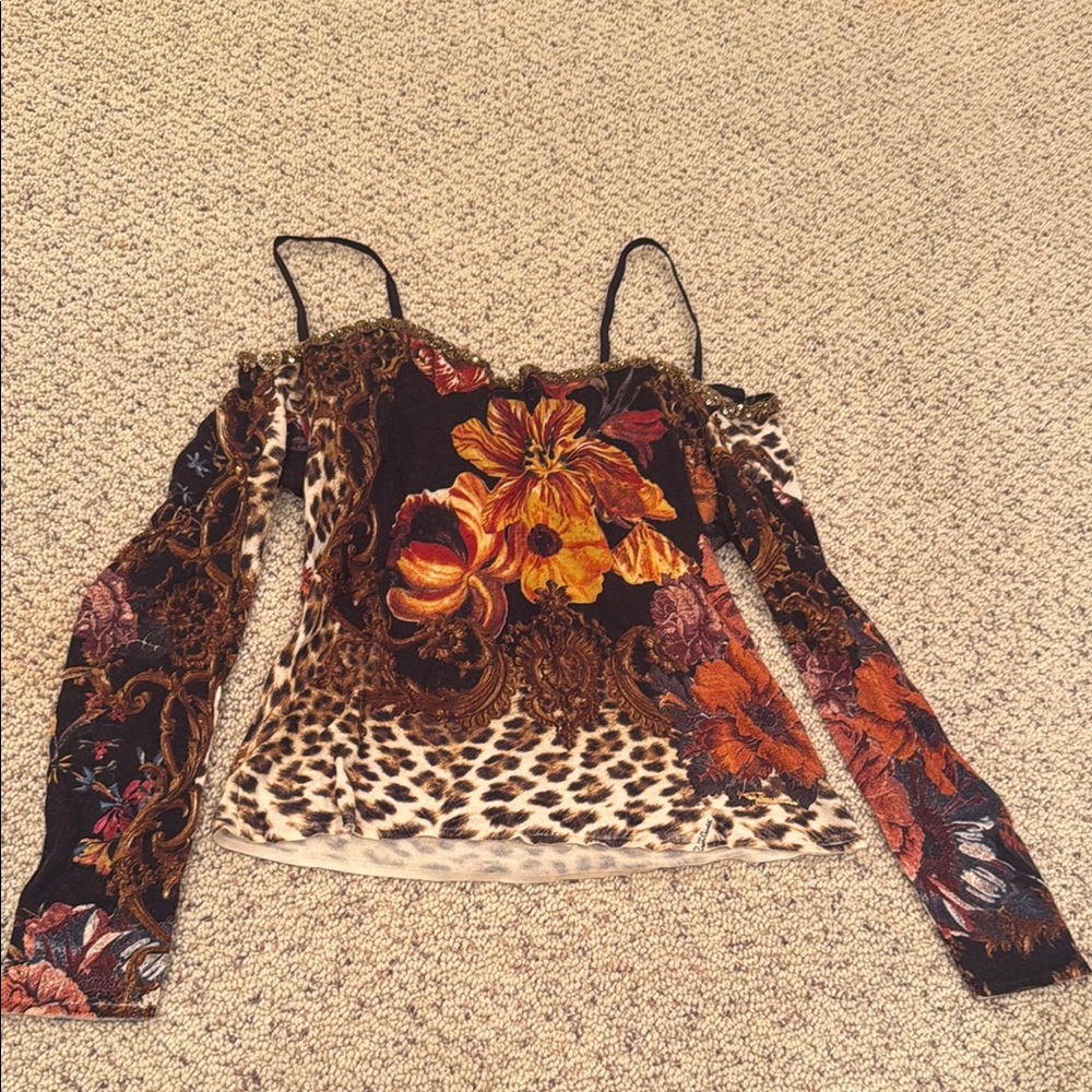 Roberto Cavalli Floral Leopard Print Women's Top cashmere built in bra size 48